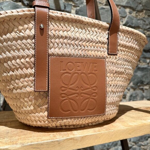 LOEWE Brown Leather Beige Raffia Medium Basket Tote Bag - Picture 2 of 13